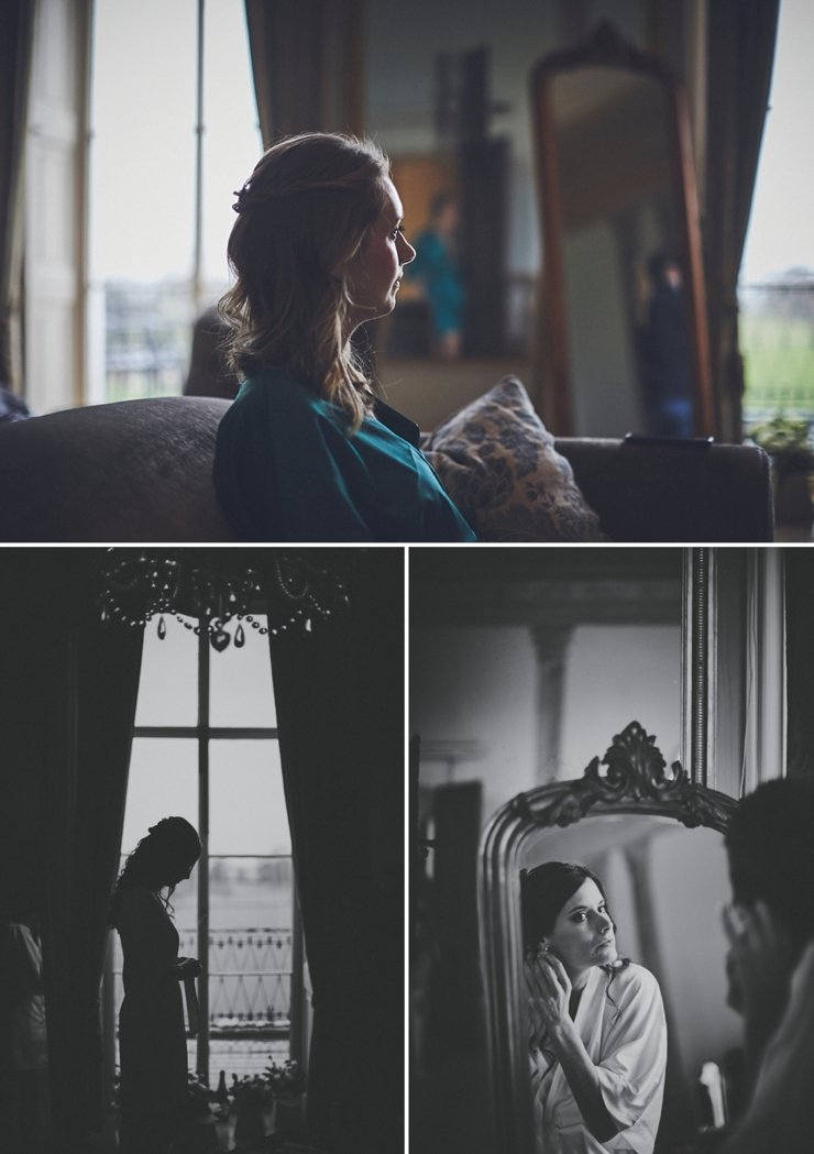 Black and white wedding photography of bride getting ready for a small restricted wedding in Devon