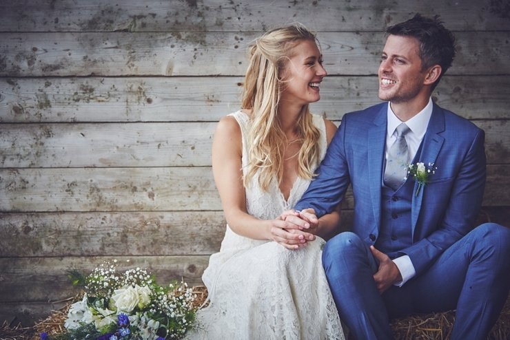 couples portraits at eco wedding at East Soar Farm in Devon