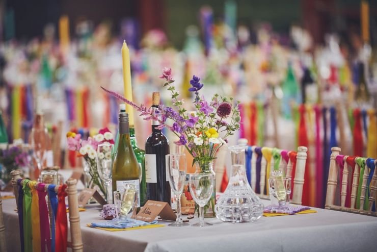 West Town Farm barn wedding colourful table styling